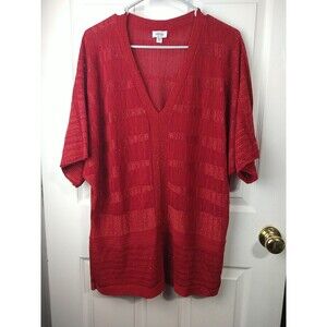 Avenue Woman Red Sweater SS Drop Shoulder Shimmer Striped V Neck Sparkle Tunic